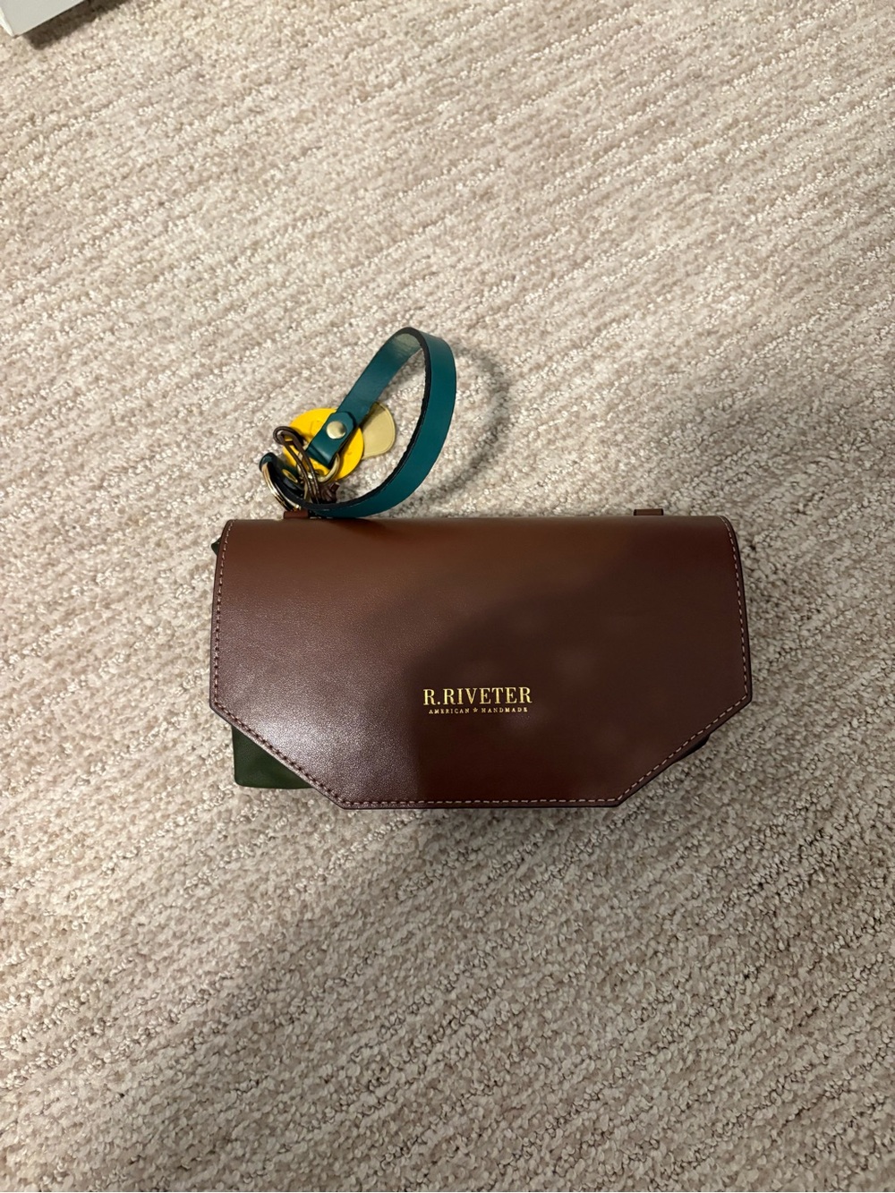 R.Riveter Brown Leather Wristlet Clutch with Green Accent